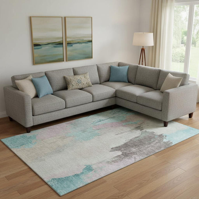 10' X 14' Abstract Washable Area Rug With UV Protection (709696) - Teal / Beige / Gray