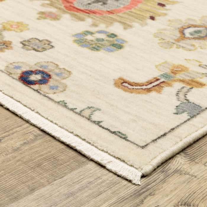 8' x 11' Oriental Power Loom Stain Resistant Area Rug With Fringe - Ivory Beige Gold Gray Blue Pink Red Rust And Green