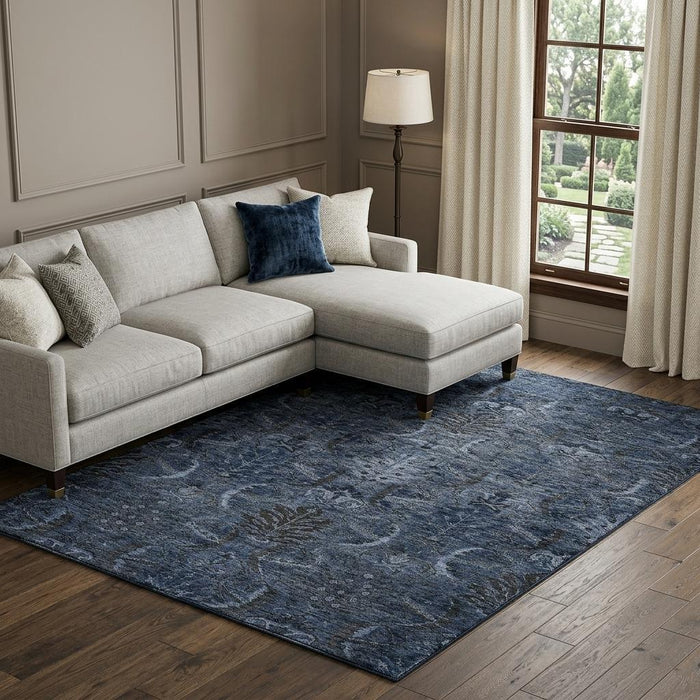 10' X 14' Damask Washable Area Rug With UV Protection (683884) - Navy Blue / Charcoal