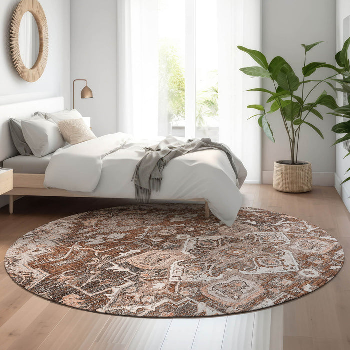 8' Floral Medallion Washable Round Rug With UV Protection - Terra Cotta