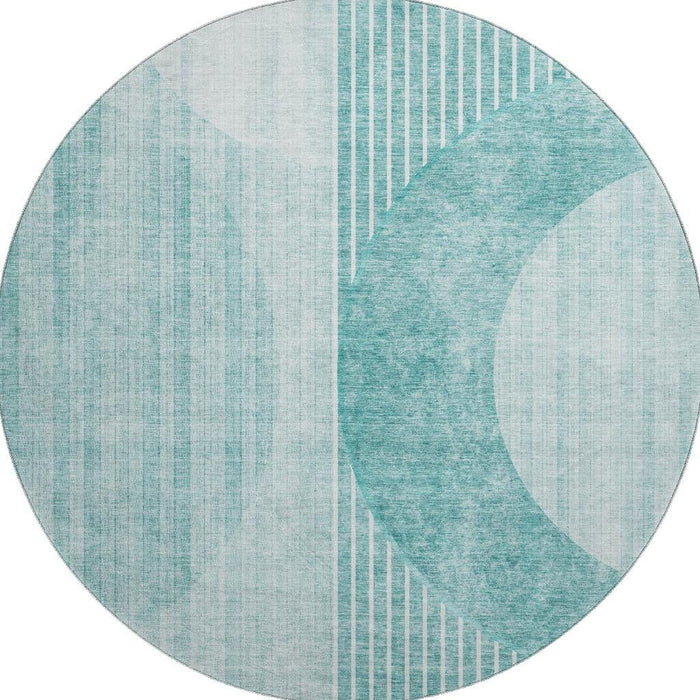 8' Geometric Washable Round Rug With UV Protection (655749) - Teal / Ivory