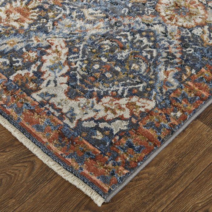 10' x 13' Floral Power Loom Area Rug With Fringe - Blue Orange And Ivory