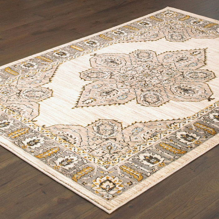 10' x 13' Oriental Power Loom Stain Resistant Area Rug - Ivory Gold Gray And Blue