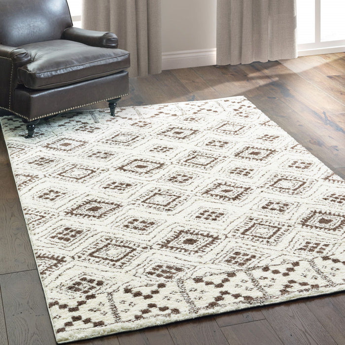 10' x 13' Geometric Shag Power Loom Stain Resistant Area Rug - Ivory And Brown