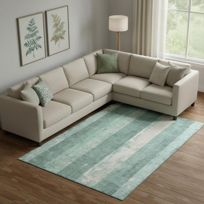 10' X 14' Striped Washable Area Rug With UV Protection (697296) - Pale Aqua / Teal / Beige