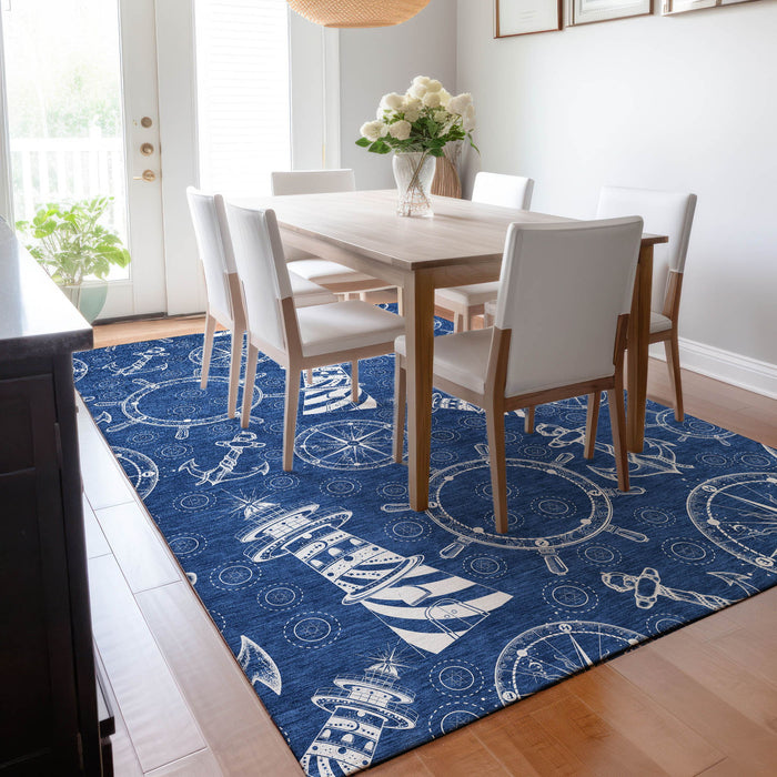 10' X 14' Nautical Washable Area Rug With UV Protection - Navy Blue And Ivory