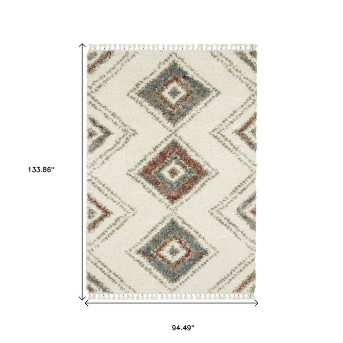 8' X 11' Southwestern Shag Area Rug With Fringe - Ivory