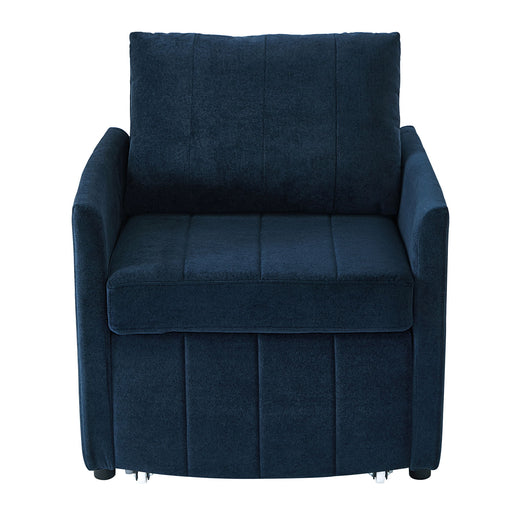 Giga upholstered convertible futon chair with 5-position backrest, side pockets, and storage compartment in a modern living room setting.