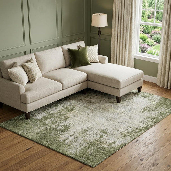10' X 14' Abstract Washable Area Rug With UV Protection (674862) - Olive Green / Ivory