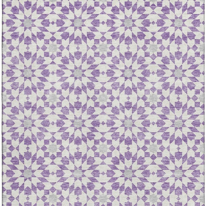 10' X 14' Geometric Washable Area Rug With UV Protection - Lavender And Ivory