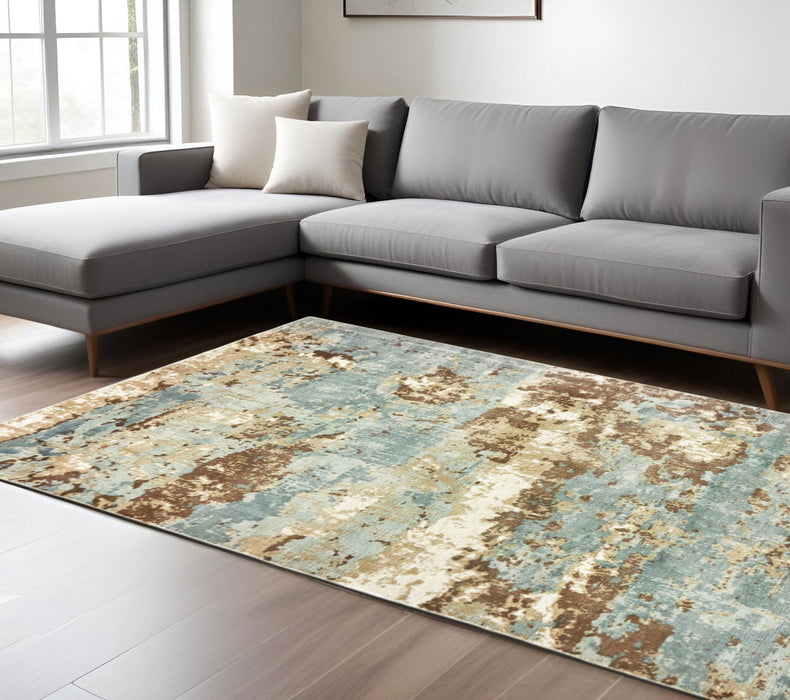 6' x 9' Abstract Hand Loomed Stain Resistant Area Rug - Blue And Brown