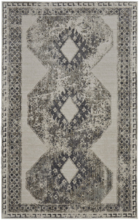 10' X 14' Abstract Power Loom Worn Faded Area Rug - Gray And Ivory