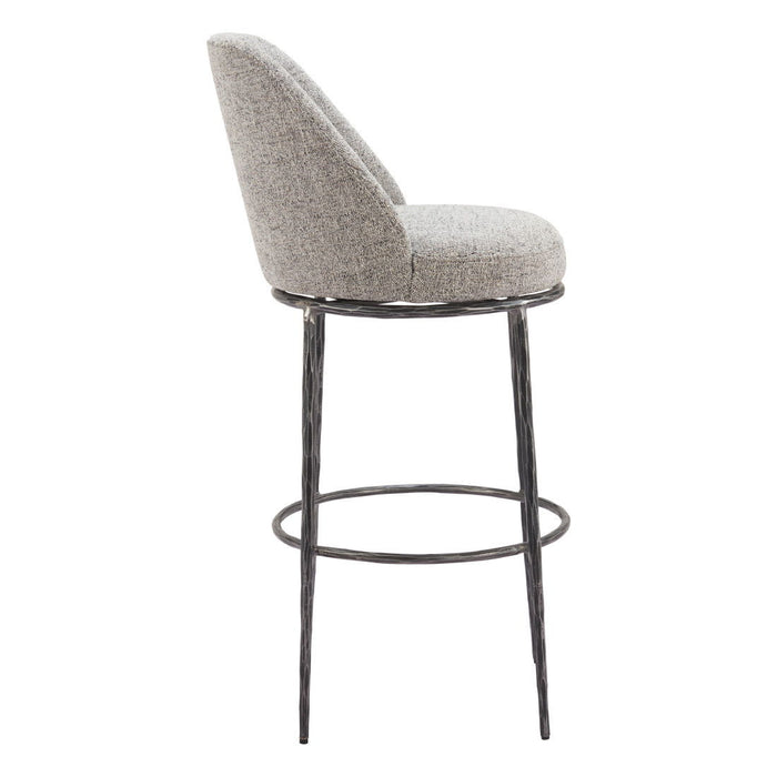 Gray and black fabric and steel bar height swivel chair, 28-30 inches, with a cushioned seat and backrest for bar seating.