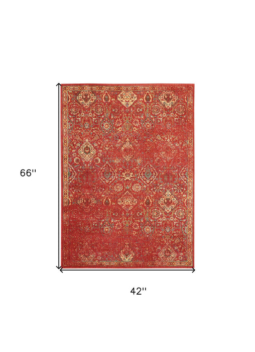 4' X 6' Floral Distressed Non Skid Area Rug (550550) - Brick Red / Tan