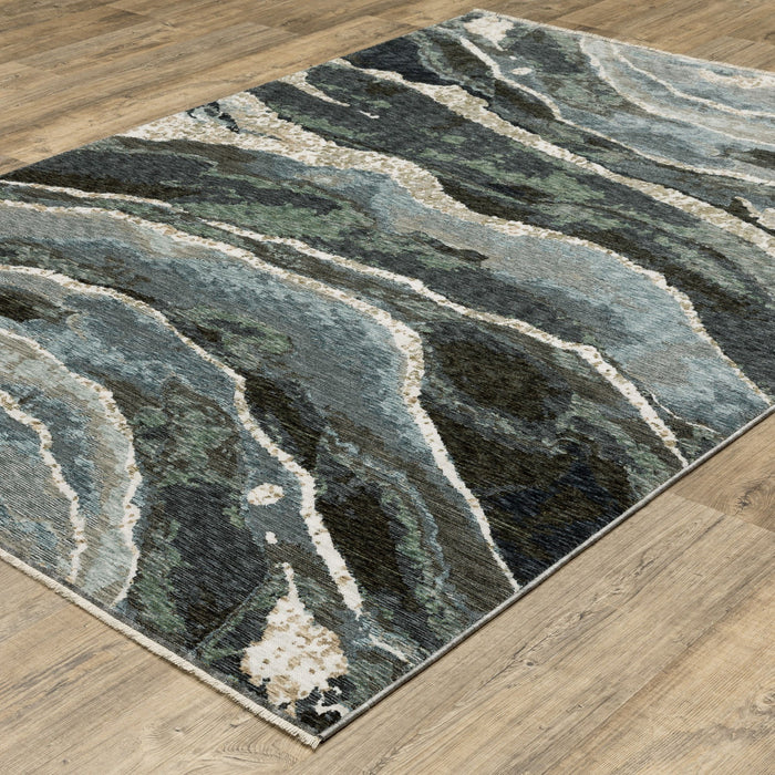 8' X 11' Abstract Area Rug With Fringe (575162) - Blue / Black / Beige
