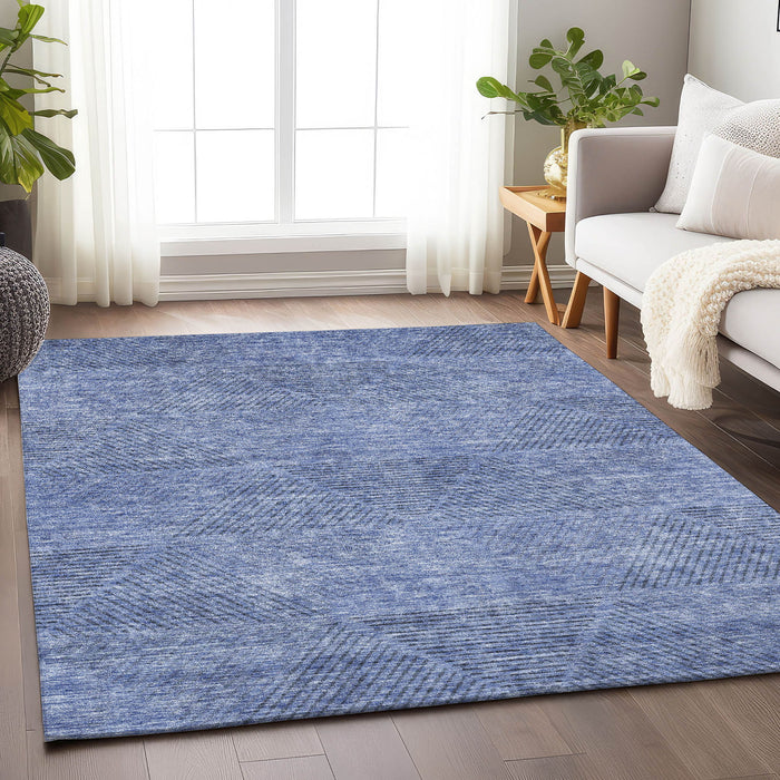 9' X 12' Geometric Washable Area Rug With UV Protection - Blue And Gray