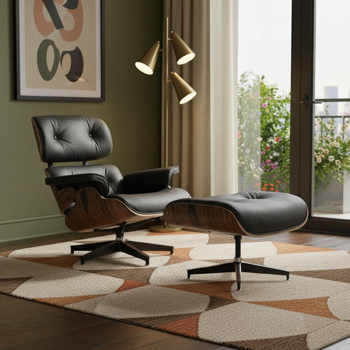 Black tufted leather swivel lounge chair with matching ottoman by HomeRoots, featuring a stylish and comfortable stationary design.