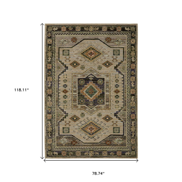 7' X 10' Tribal Area Rug - Gray And Green