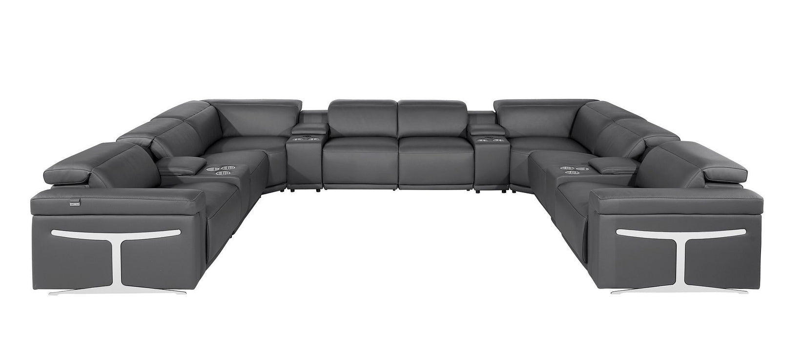 Italian Leather Power Reclining U Shaped Twelve Piece Sectional With Console - Dark Gray
