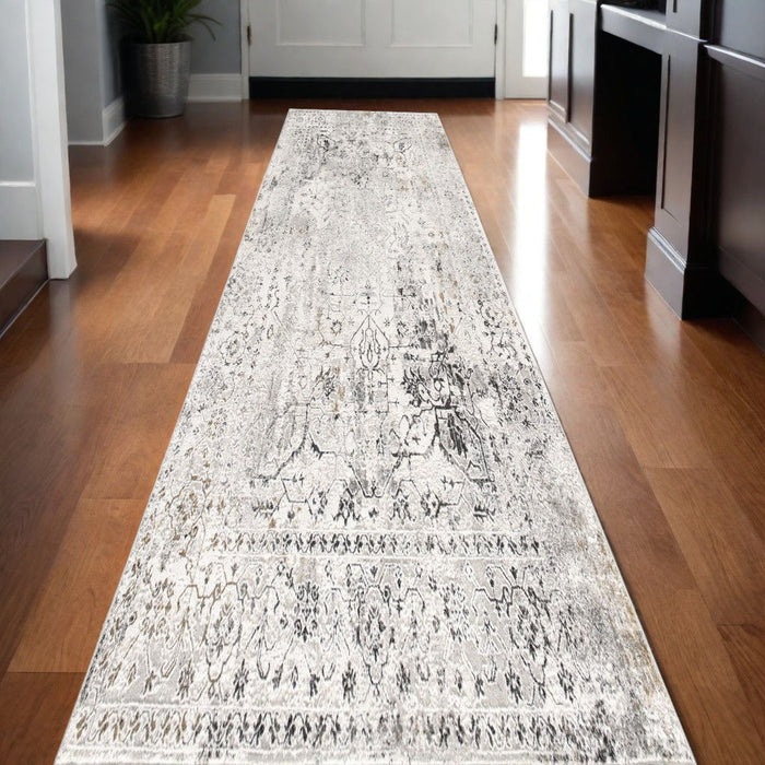 20' Oriental Washable Non Skid Runner Rug - Gray And Ivory