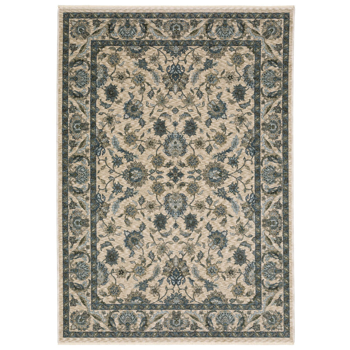 8' X 11' Oriental Area Rug With Fringe - Beige And Blue