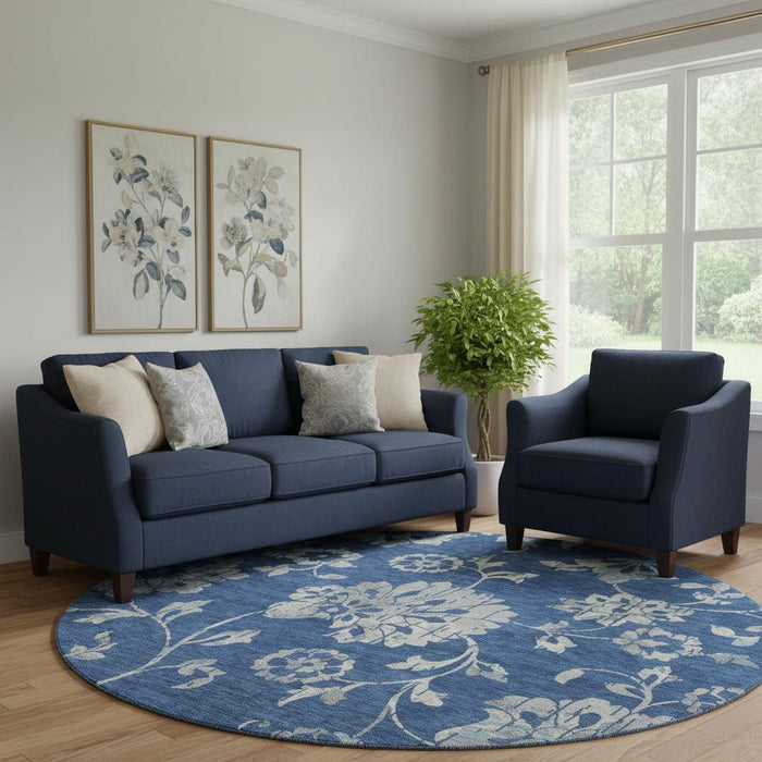 8' Floral Washable Round Rug With UV Protection (667924) - Navy Blue / Silver