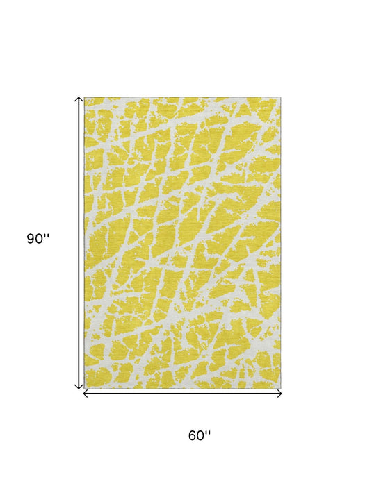 5' X 8' Abstract Washable Area Rug With UV Protection (646598) - Yellow / Ivory
