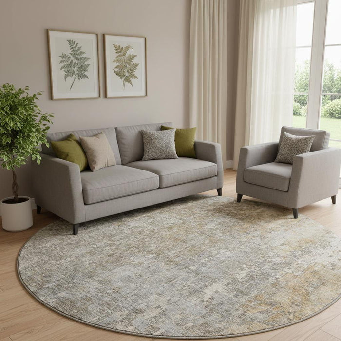 8' Abstract Washable Round Rug With UV Protection (650233) - Beige / Gray