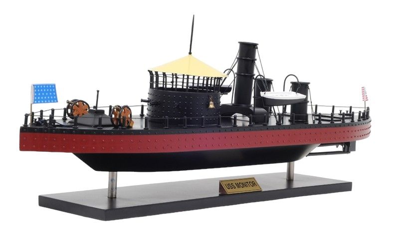 Hand Painted 1862 USS Monitor Model Boat - Black / Red