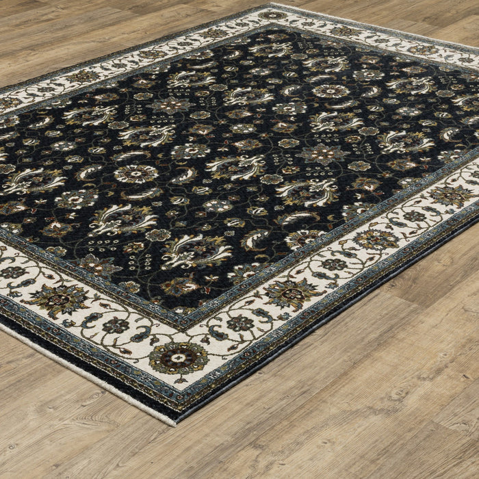 8' X 11' Oriental Area Rug With Fringe - Blue And Ivory