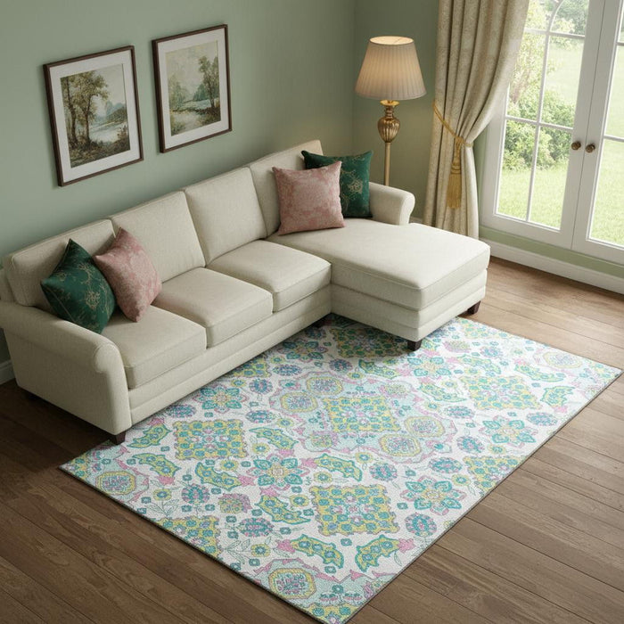 10' X 14' Floral Medallion Washable Area Rug With UV Protection (705893) - White / Green / Pink