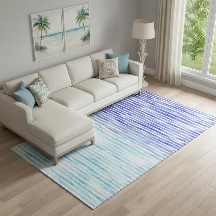 8' X 10' Geometric Washable Area Rug With UV Protection (645880) - Blue / Ivory