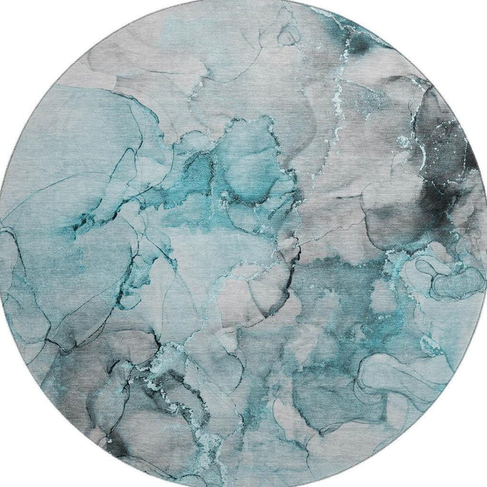 8' Abstract Washable Round Rug With UV Protection (647317) - Teal / Gray / Ivory