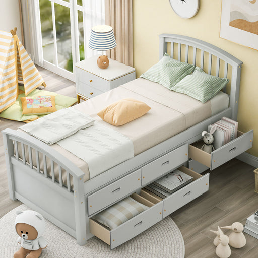 Solid wood Giga platform storage bed with six drawers, featuring a sleek design and ample storage space in the bedroom.