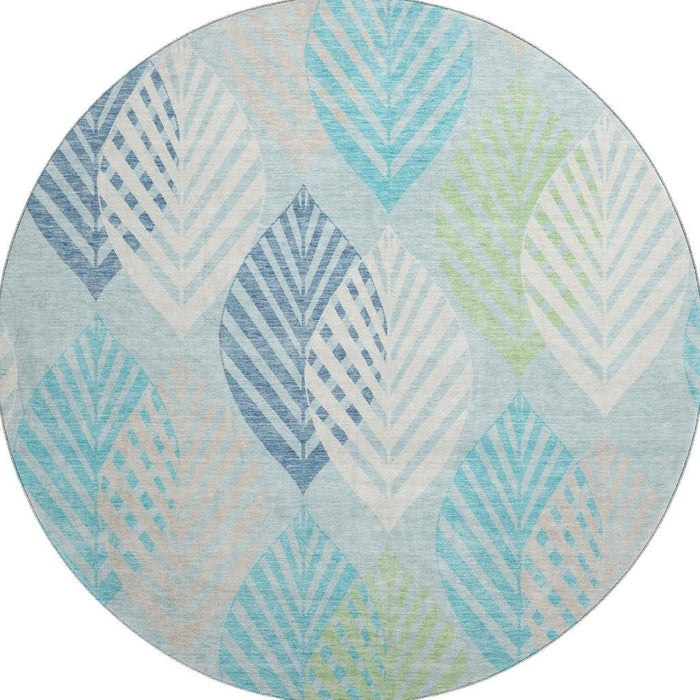8' Transitional Floral Washable Round Rug With UV Protection - Teal