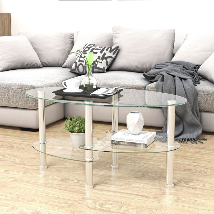 Giga transparent oval glass coffee table with oak wood legs and 3-layer glass design in modern living room setting