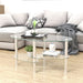 Giga transparent oval glass coffee table with oak wood legs and 3-layer glass design in modern living room setting