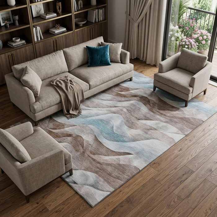 10' X 14' Abstract Washable Area Rug With UV Protection (694815) - Coffee / Blue / Ivory
