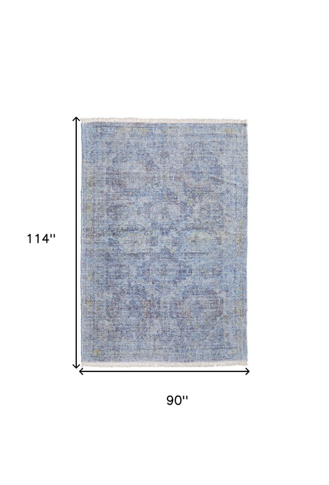 8' X 10' Abstract Hand Woven Distressed Area Rug With Fringe - Blue And Ivory