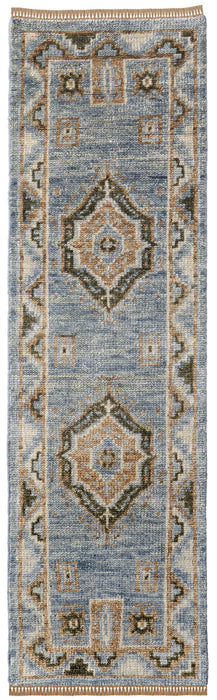 14' Wool Oriental Hand Knotted Runner Rug With Fringe - Ivory Tan And Blue