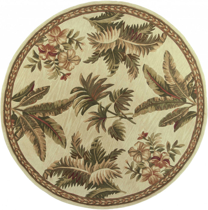 8' Hand Tufted Bordered Tropical Plants Round Indoor Area Rug - Ivory