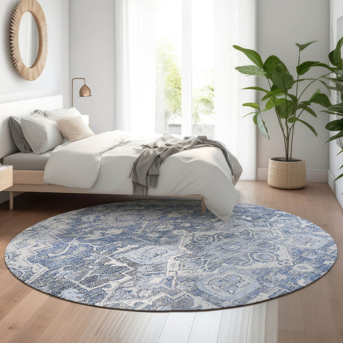 8' Floral Medallion Washable Round Rug With UV Protection - Denim Blue