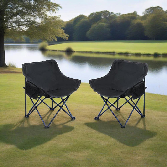 Giga outdoor camping chair set with two portable, folding chairs featuring durable steel frames and comfortable seating.