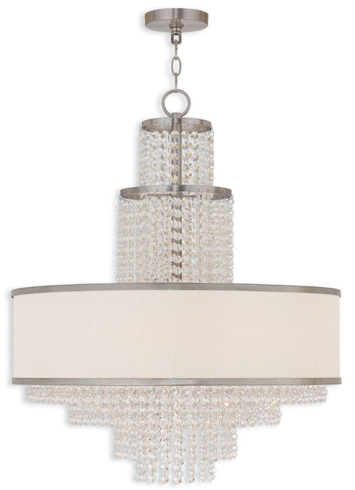 Six-light metal chandelier with shades in nickel finish, featuring clear and off-white glass for modern home lighting.