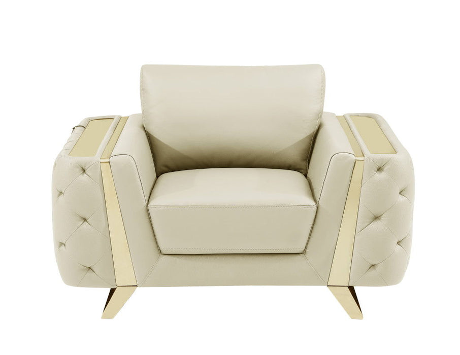 Genuine Leather Tufted Club Chair - Beige And Gold