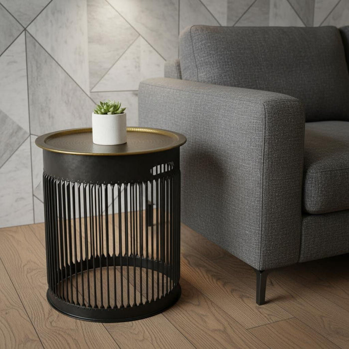 Iron Round Drum End Table - Brass