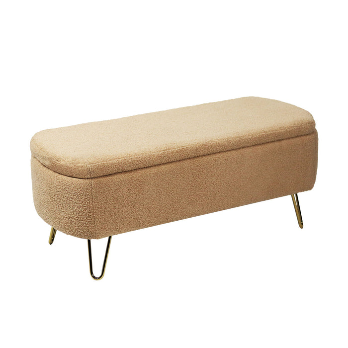 Giga storage ottoman bench with modern camel faux fur upholstery, padded top, and built-in storage for living room or bedroom.