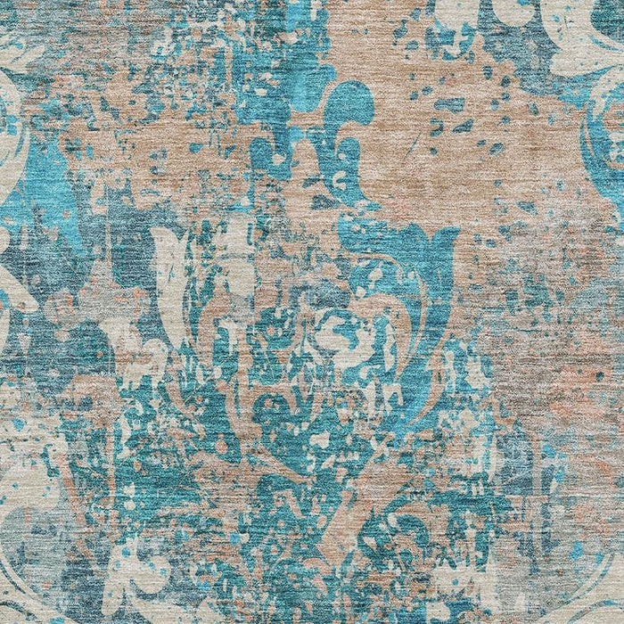 10' X 14' Damask Washable Area Rug With UV Protection (674383) - Teal / Beige / Taupe