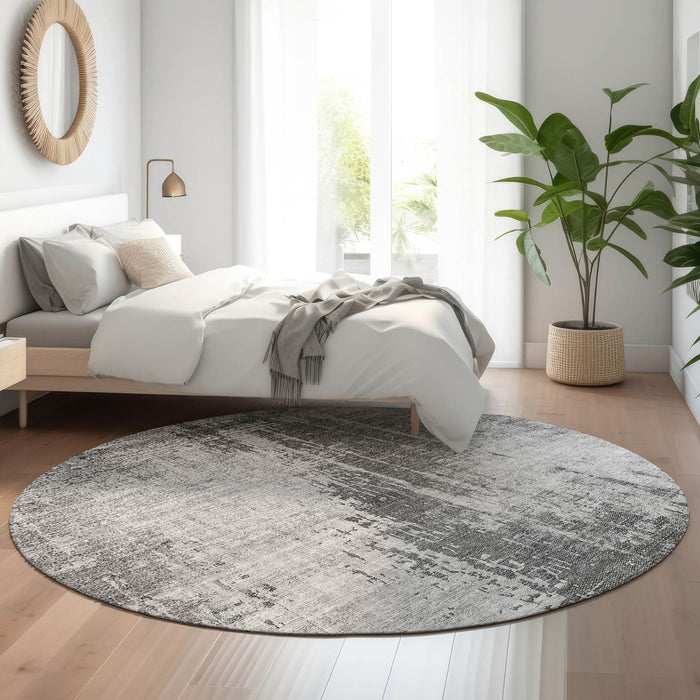 8' Transitional Abstract Washable Round Rug With UV Protection - Silver