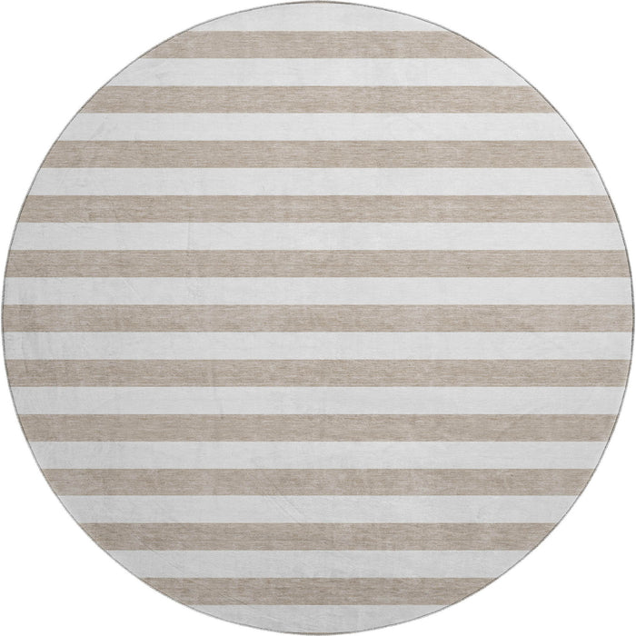 8' Striped Washable Round Rug With UV Protection (647665) - Taupe / Ivory